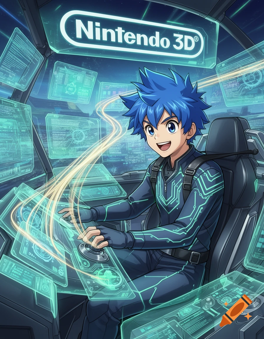 Anime boy with blue hair in a futuristic cockpit, surrounded by glowing screens and controls, with a 'Nintendo 3D' logo overhead.