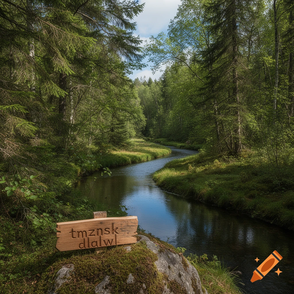 A photorealistic image of a winding river flowing through a lush green forest, with a wooden sign on a moss-covered rock.