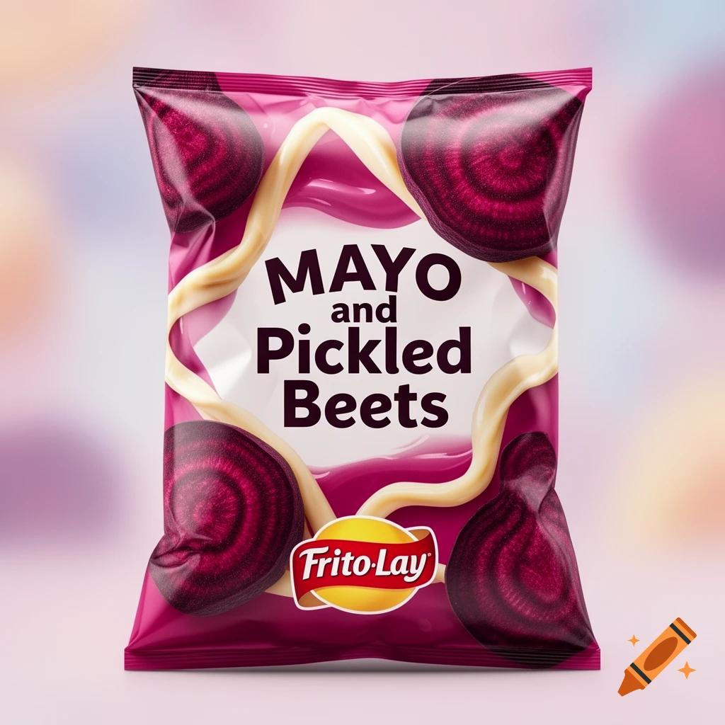 A Frito-Lay chip bag with 'Mayo and Pickled Beets' flavor, featuring beet slices and creamy sauce on a colorful background.