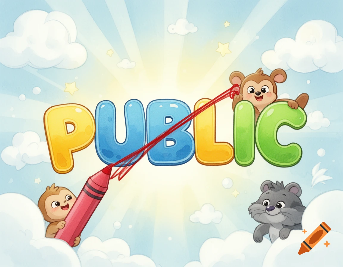 A colorful children's cartoon showing the word 'PUBLIC' with a red crayon line crossing it out, surrounded by cheerful cartoon animals peeking from clouds in a blue sky.