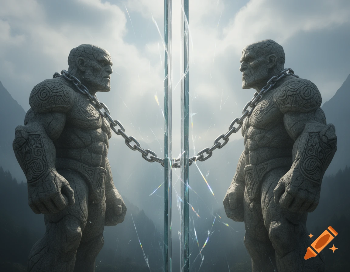 Two massive stone golems, chained together through a shimmering pane of glass, stand facing each other in a mystical mountain landscape.