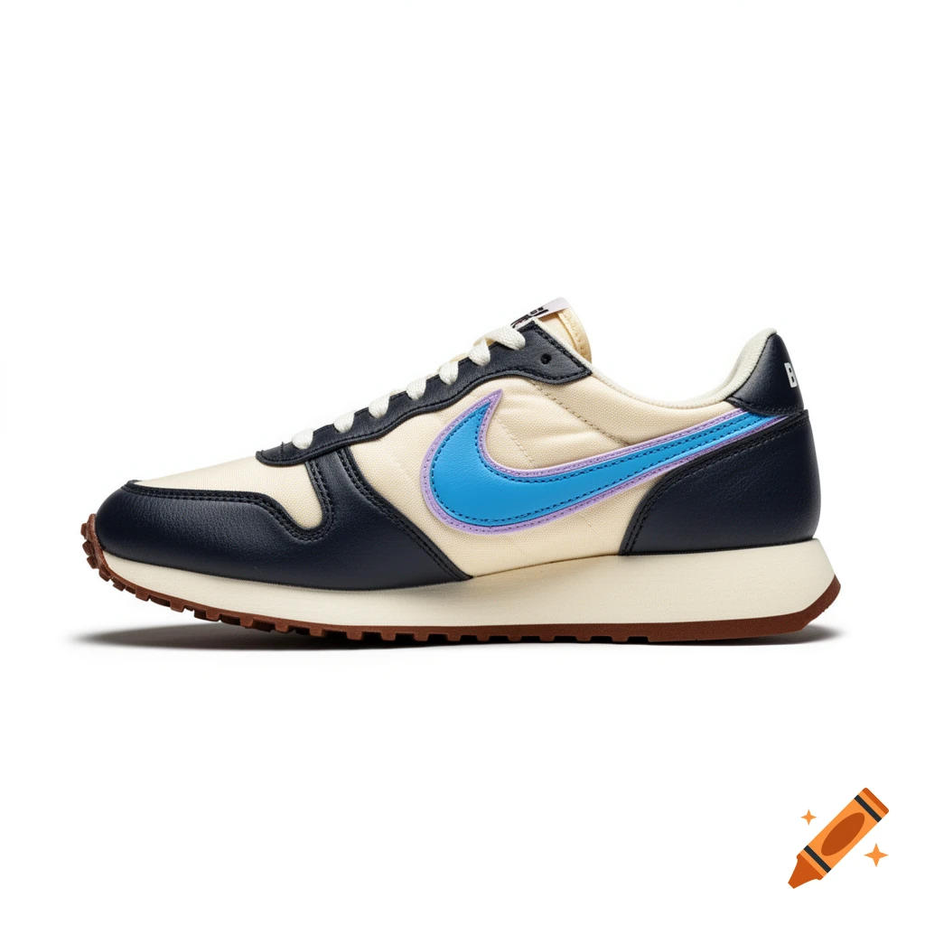 A cream and navy vintage retro running sneaker with a sky blue and lavender swoosh, off-white midsole, and brown outsole, on a white background.