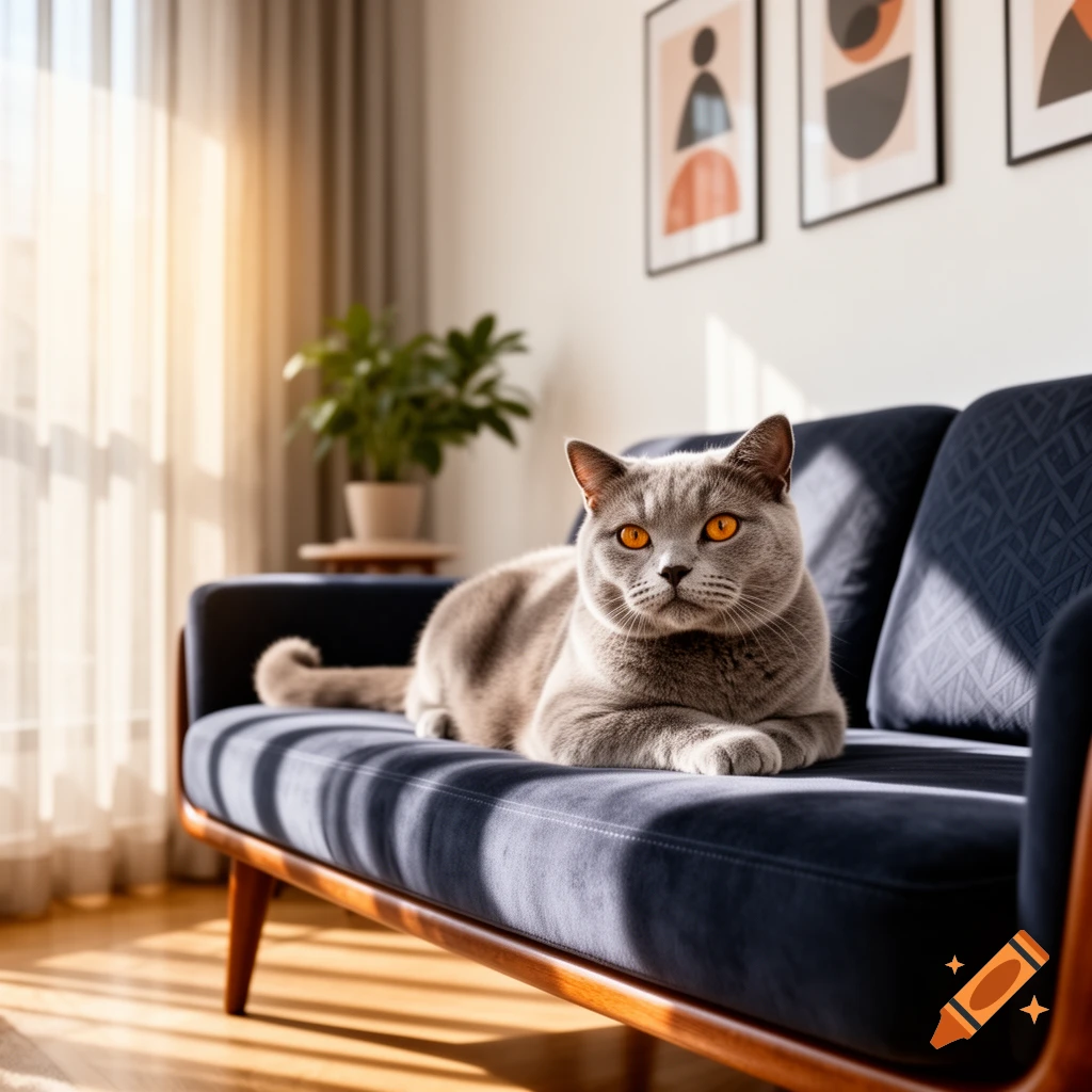 A grey British Shorthair cat with orange eyes rests on a navy blue sofa in a sunny, modern living room.