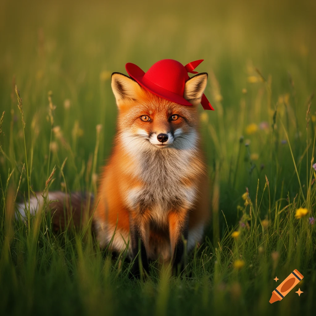 A photorealistic fox wearing a red hat, sitting in a sunny green grassy field.
