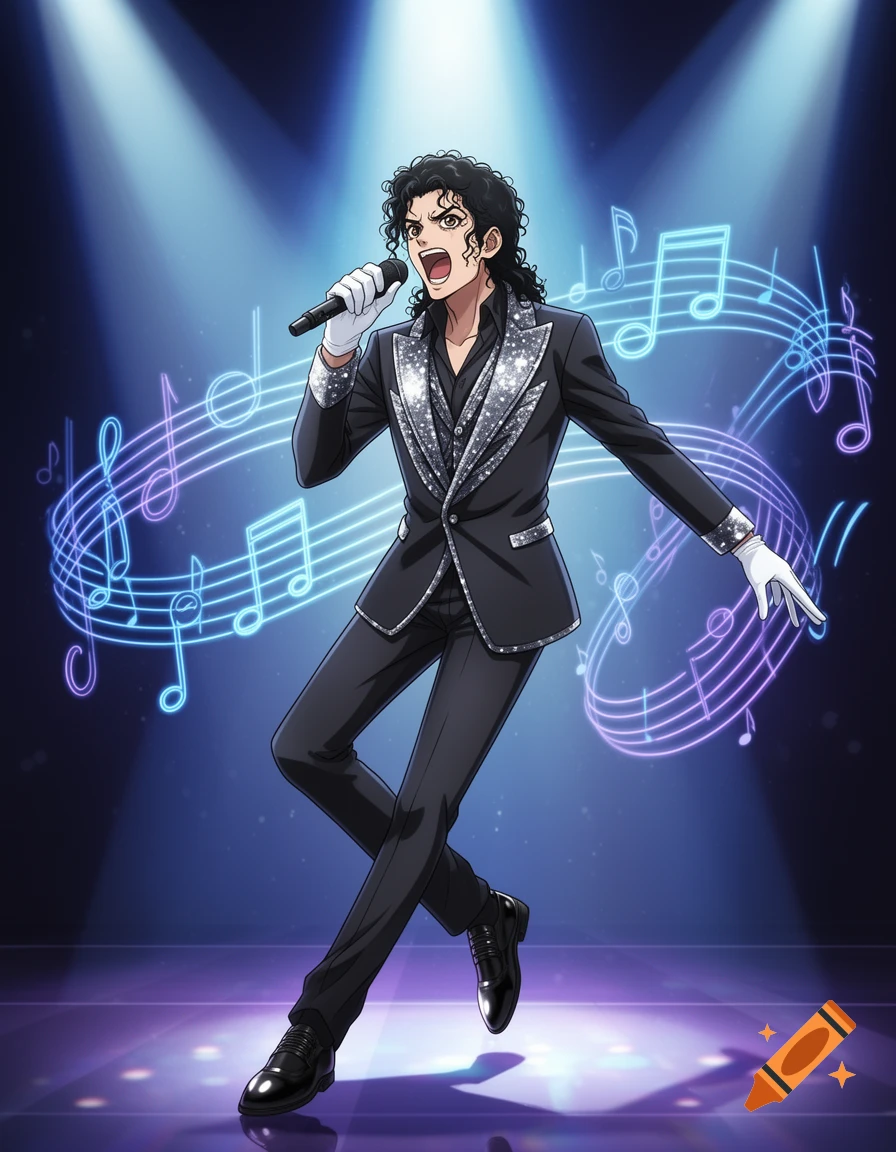 Manga-style Michael Jackson singing on stage, holding a microphone, with glowing musical notes in the background.