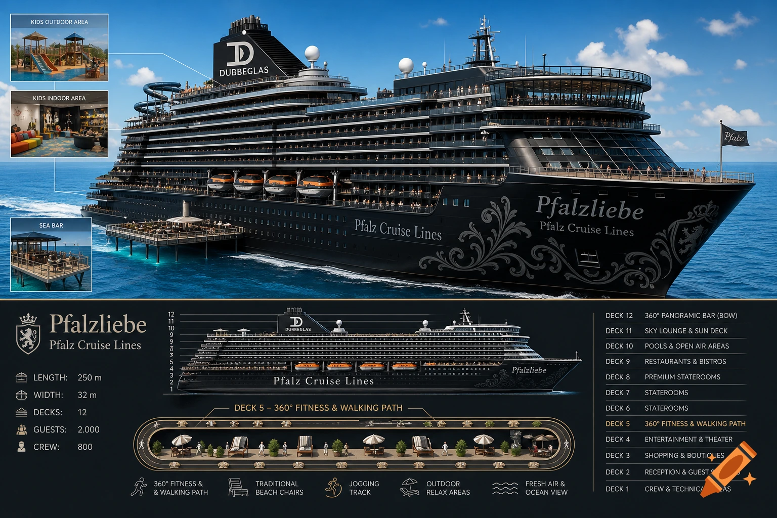 A detailed infographic of a black cruise ship named Pfalzliebe, showing its amenities, deck plans, and specifications against a blue sky and ocean.