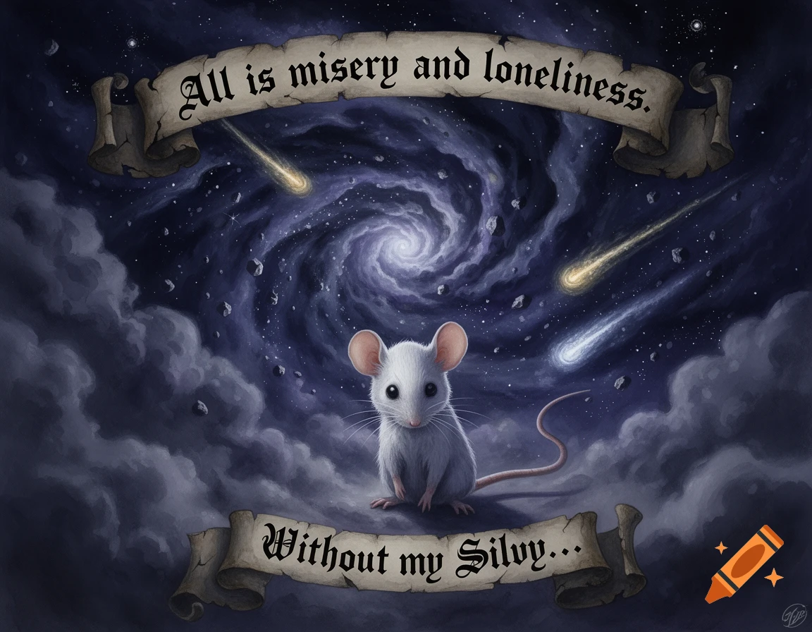 Forlorn white mouse in a cosmic galaxy with clouds, shooting stars, and banners saying 'All is misery and loneliness.' and 'Without my Silvy...'