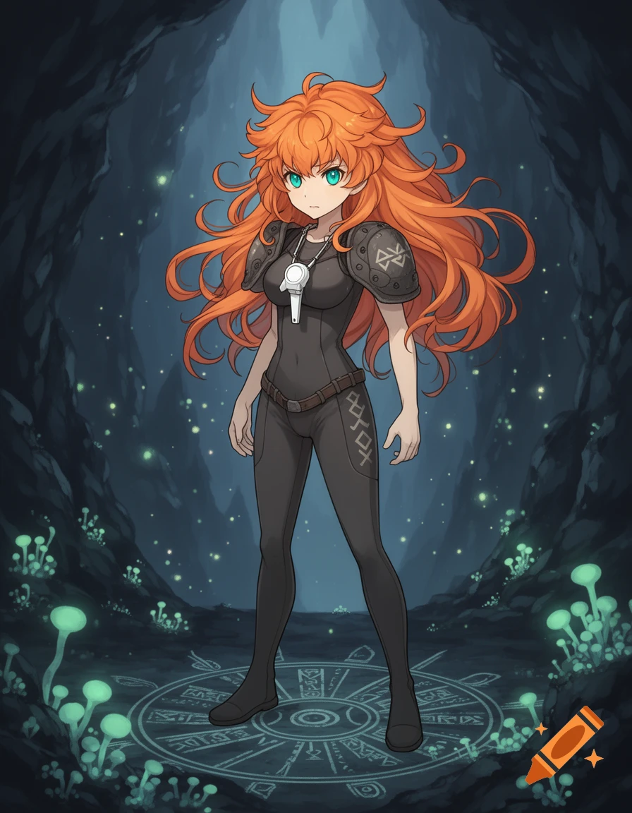 An anime girl with long orange hair and teal eyes, wearing a dark outfit with armor and a white whistle, stands in a glowing cave with bioluminescent mushrooms and runic symbols on the ground.