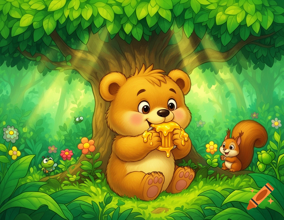 A cute cartoon bear eats honey from a dripping pot in a vibrant green forest, with a squirrel and small bugs nearby.