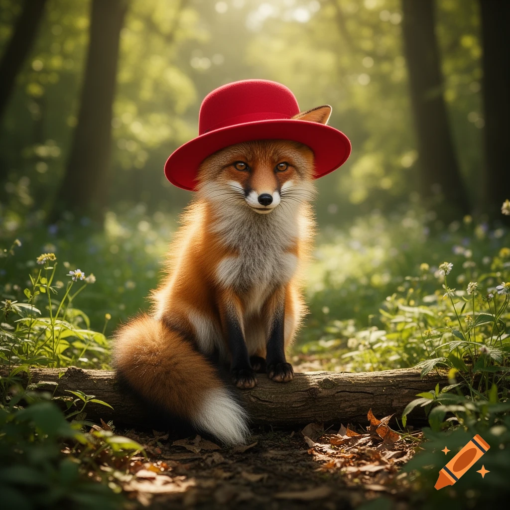 A photorealistic fox with a red hat sitting on a log in a sunlit forest.