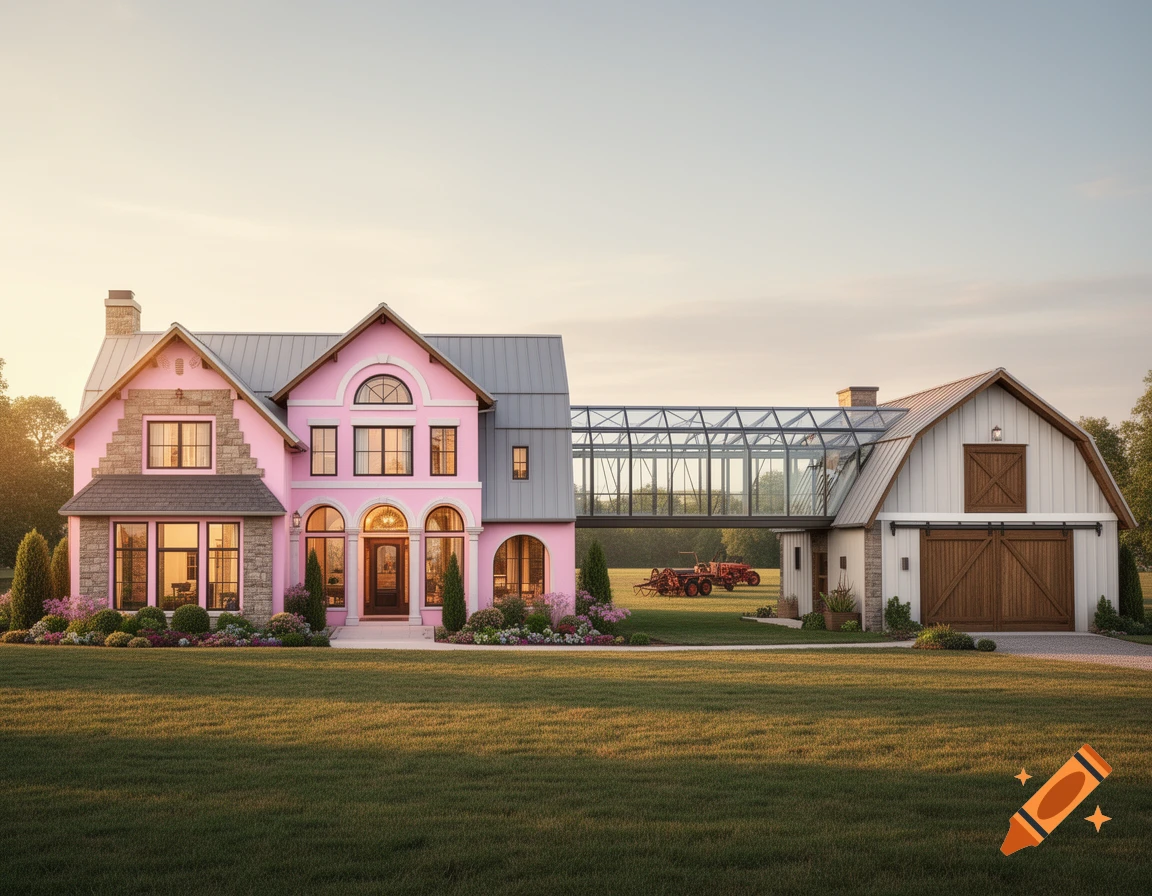 A pink house and white barn connected by a glass skywalk, with a red tractor in a grassy field under a soft sky.