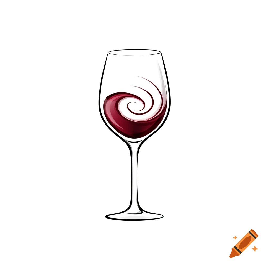 A minimalist line art illustration of a wine glass with swirling red wine inside.
