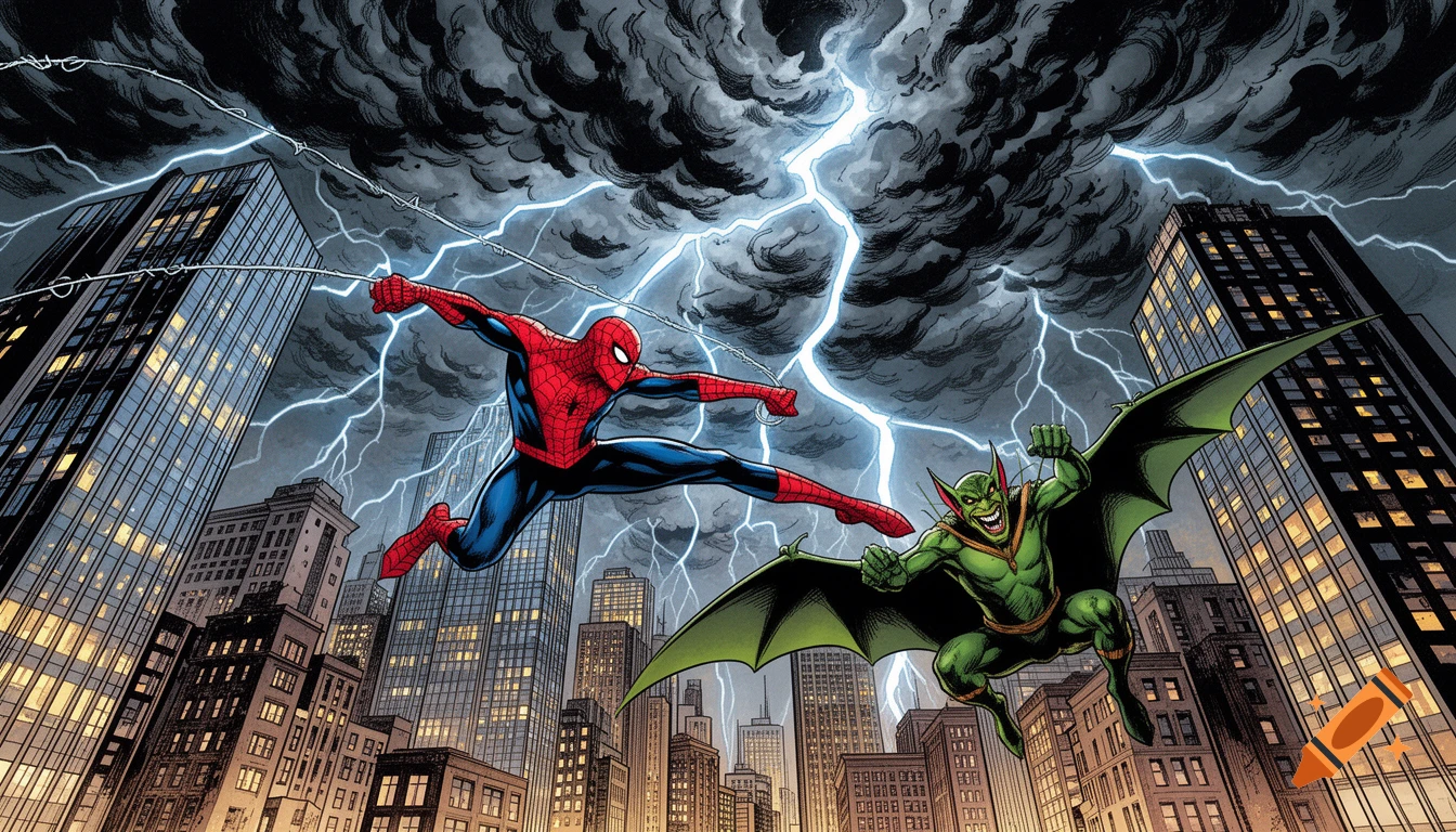 Spider-Man and Green Goblin battle dramatically amidst lightning strikes over a cityscape, in a comic book art style.