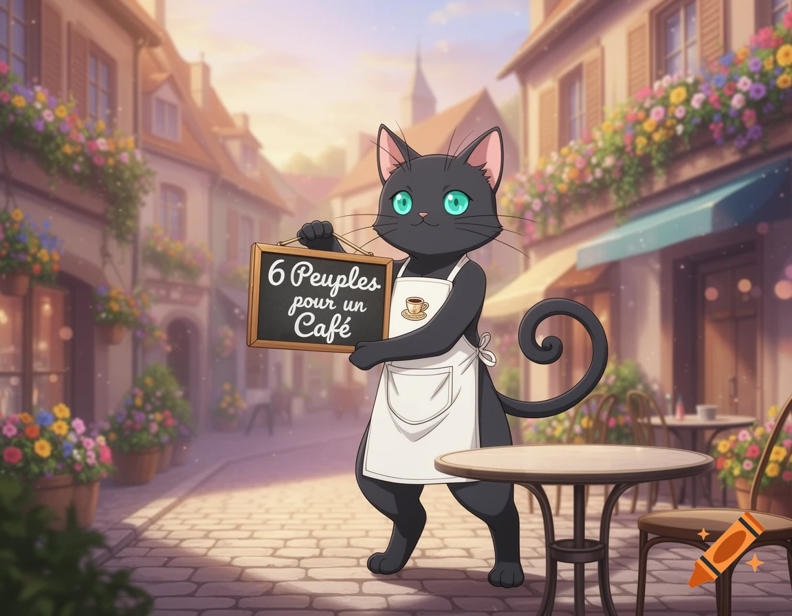 An anime-style black cat barista with green eyes holds a "6 Peuples pour un Café" sign in a charming European cafe street.