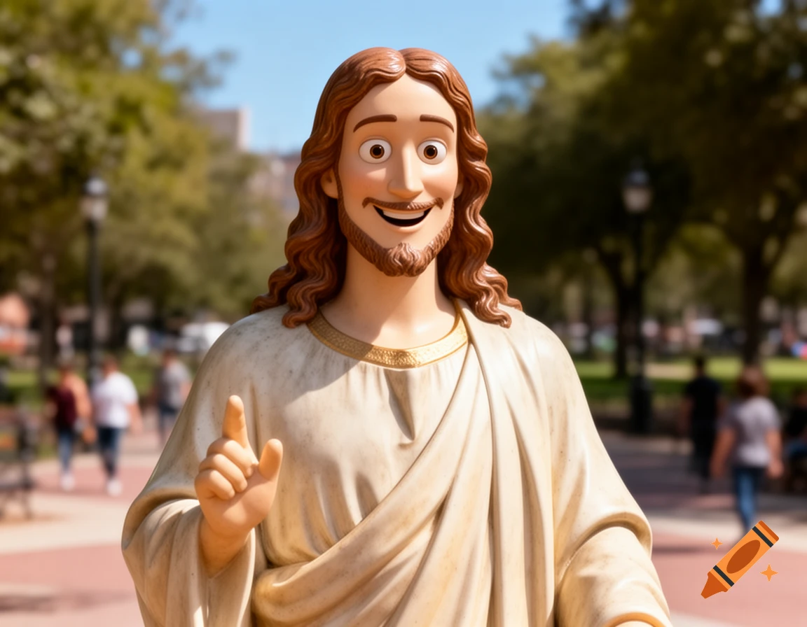 A photorealistic statue of Jesus with a cartoon Woody from Toy Story face, smiling and pointing, in an outdoor park setting.
