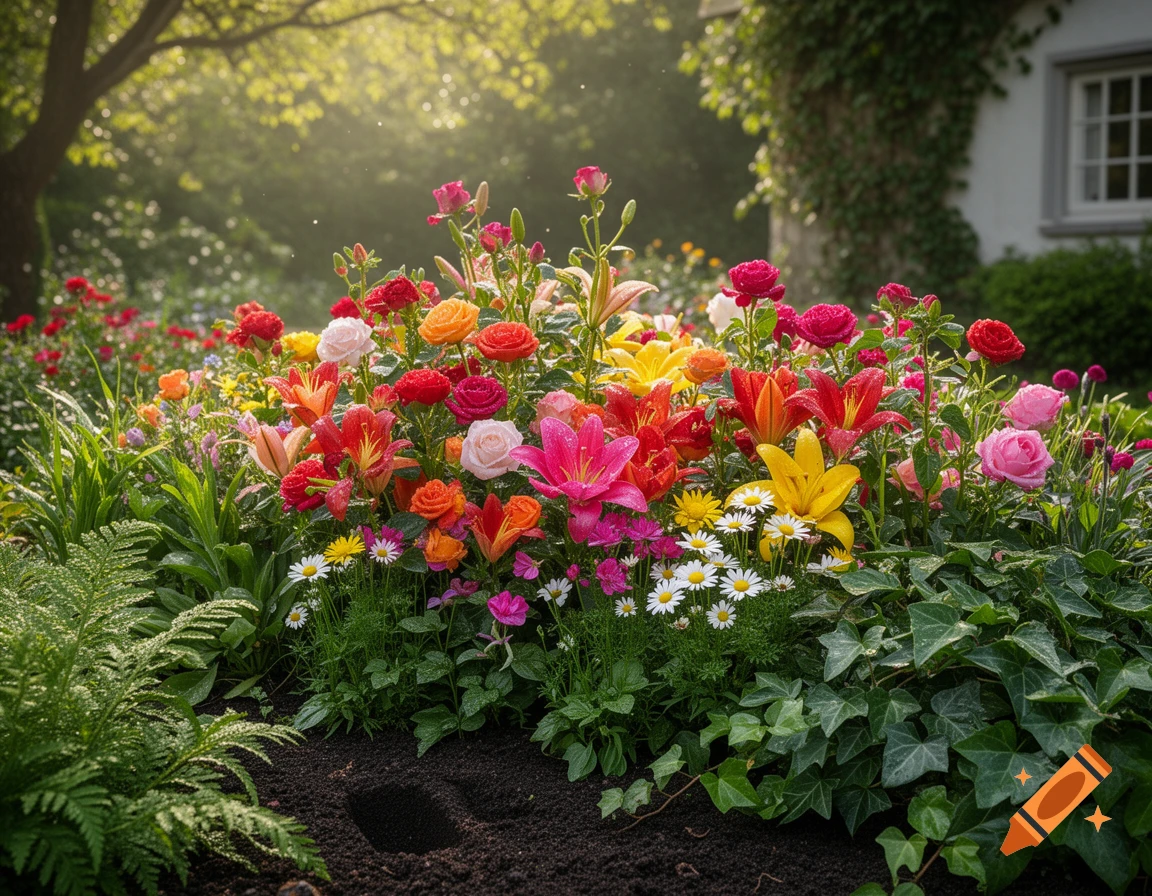 A vibrant garden bed filled with colorful roses, lilies, and daisies in soft morning light, with foliage and a house in the background.