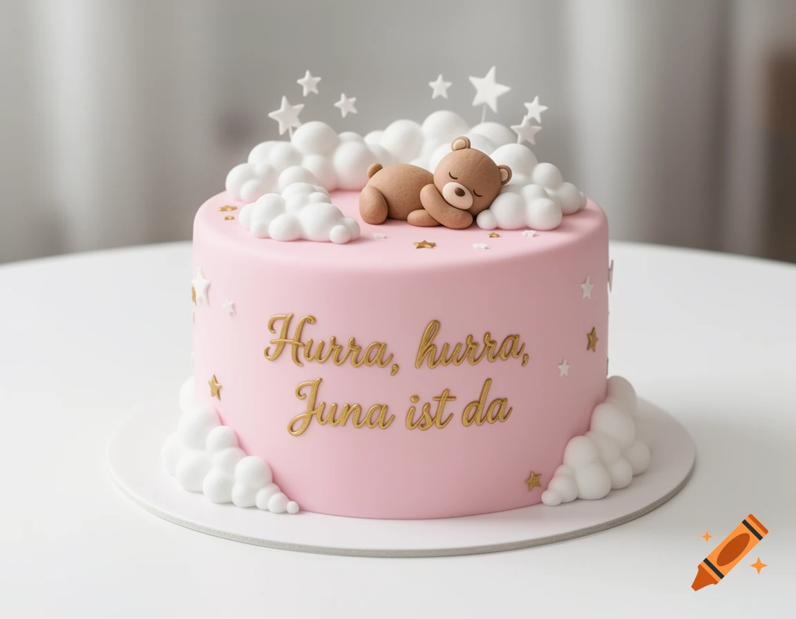 Pink fondant baby celebration cake with a sleeping teddy bear, clouds, stars, and German text.