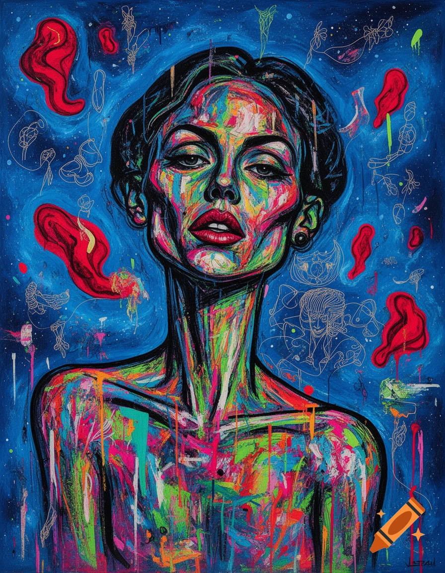 Vibrant neo-expressionist portrait of a woman with distorted features and neon paint strokes against a cosmic blue background with red forms.