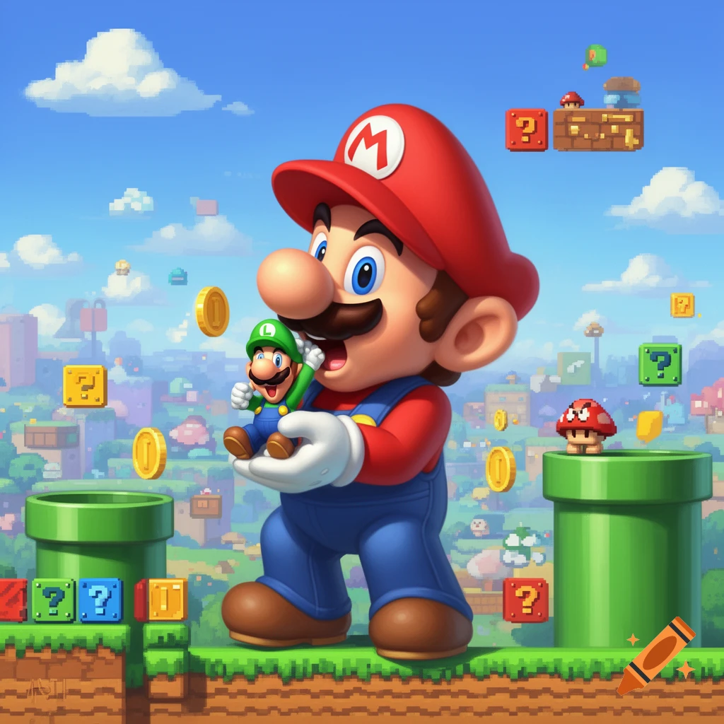 Giant Mario playfully holds tiny Luigi near his open mouth in a vibrant Super Mario Bros. landscape with coins, pipes, and question mark blocks.