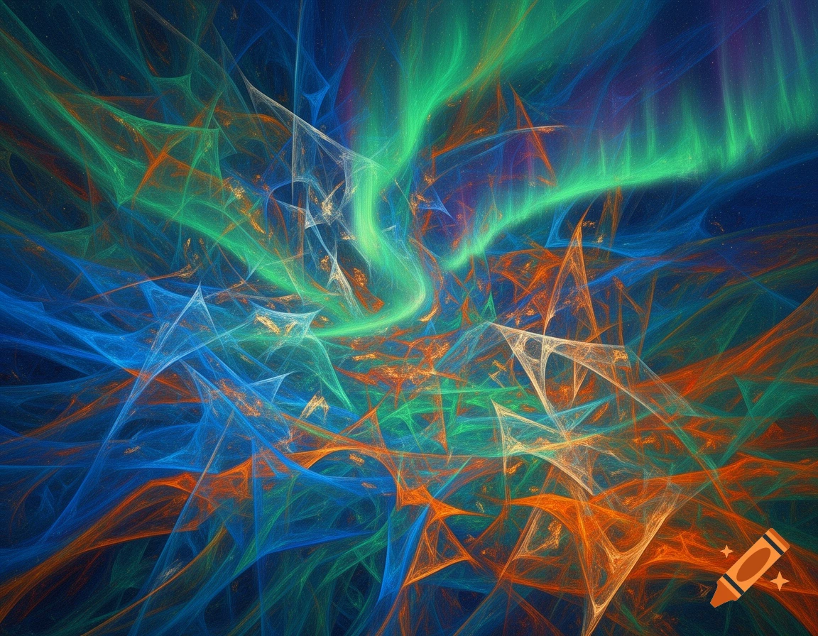 Vibrant abstract pattern with flowing lines and intricate triangular shapes in shades of blue, green, and orange, resembling an aurora borealis.