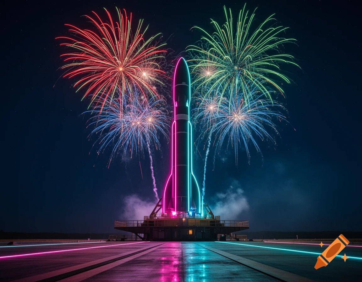 A neon rocket on a launchpad at night, framed by colorful fireworks, reflecting vibrant pink and blue light on the wet ground.