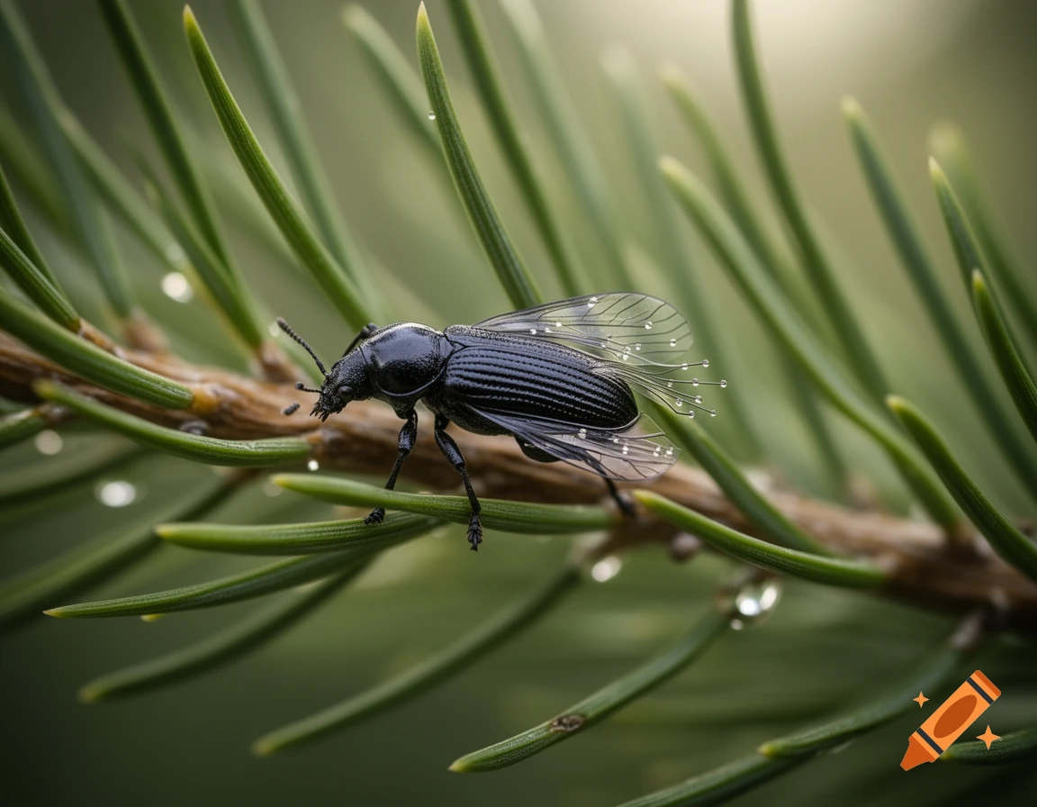 A black beetle with transparent wings featuring small sensor-like structures rests on a green pine branch with water droplets.