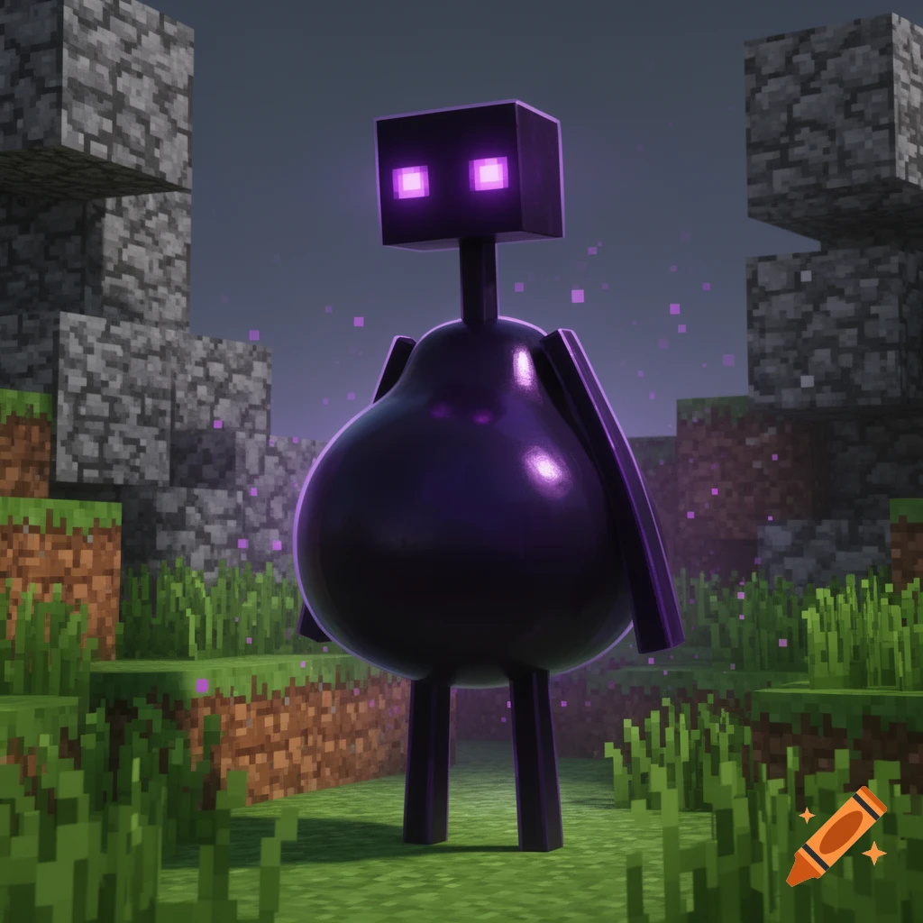 A stylized Enderman with a large, round belly stands in a pixelated Minecraft world with grass and stone blocks.