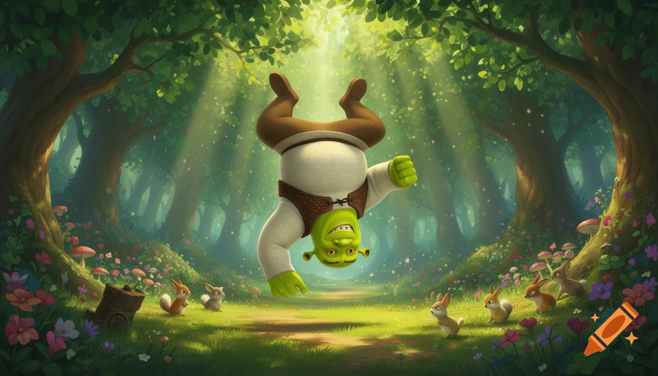 Shrek does a handstand upside down in a lush, sunlit fantasy forest with bunnies and colorful flowers.