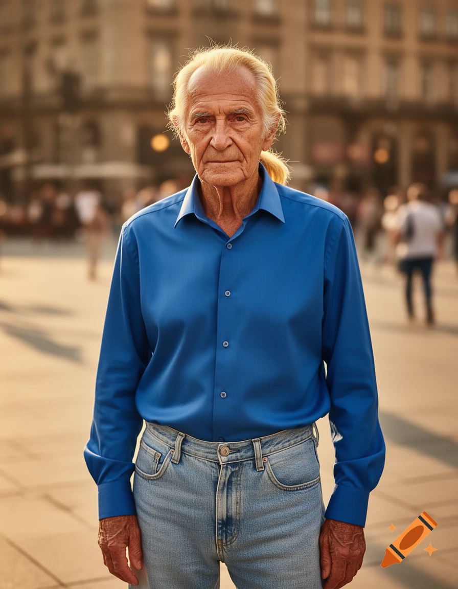 An elderly man with blond-gray hair tied in a ponytail, wearing a blue shirt and light jeans, stands in a city square.