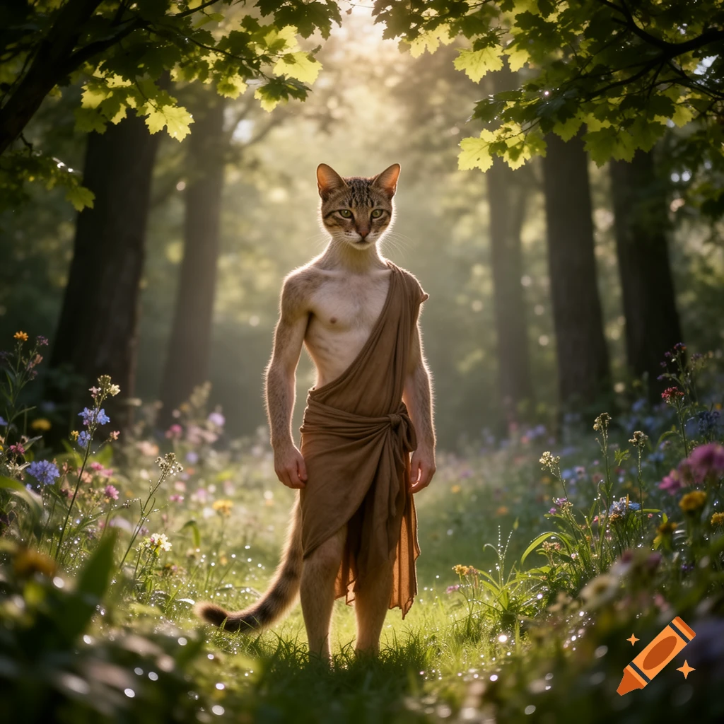 A cat-headed man in a draped garment stands in a sunlit forest clearing amidst wildflowers.