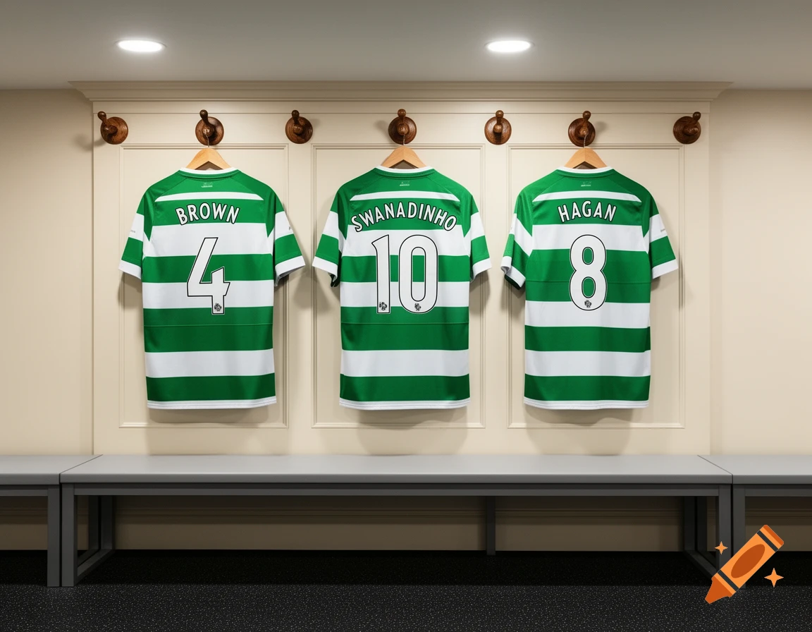 Three green and white striped soccer shirts (Brown #4, Swanaldinho #10, Hagan #8) hang on hooks in a photorealistic dressing room.