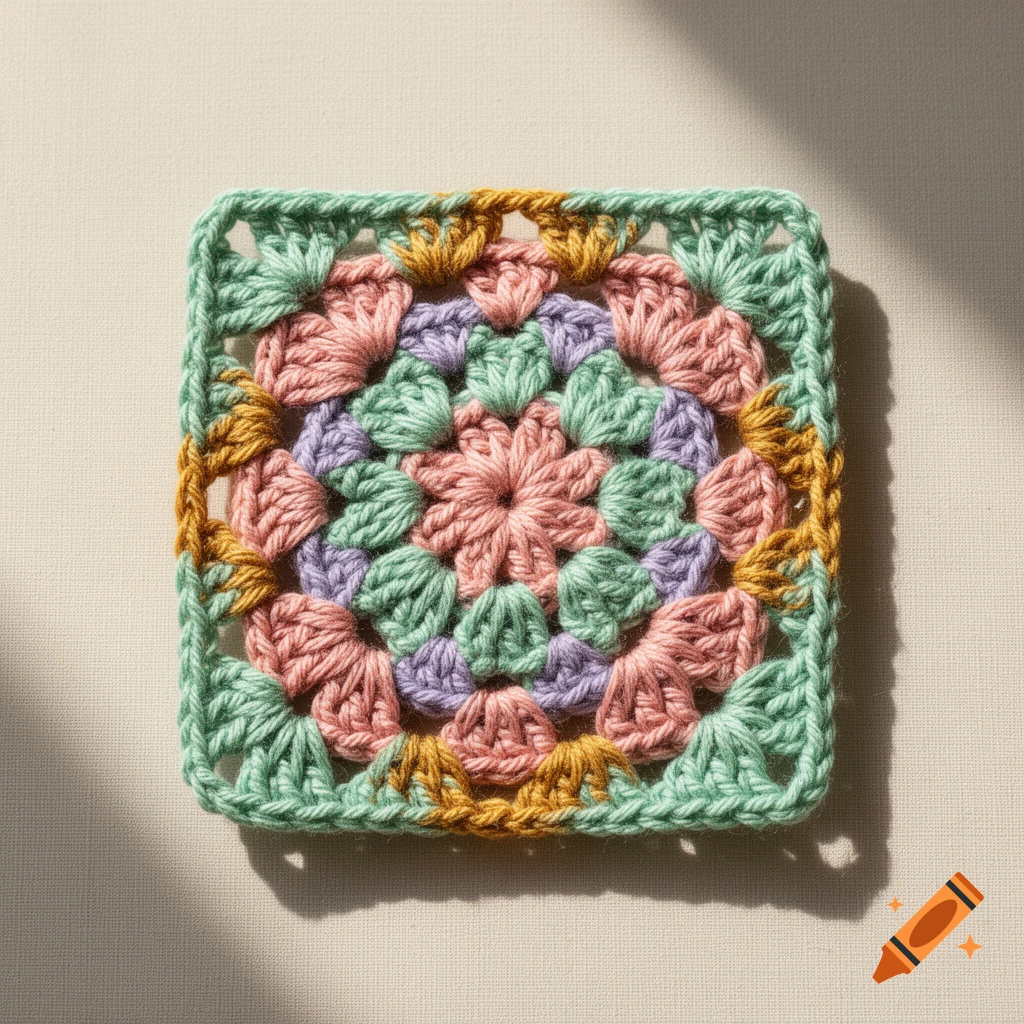 A pastel-colored crochet granny square with a floral pattern in pink, purple, mint green, and gold, set on a light background.