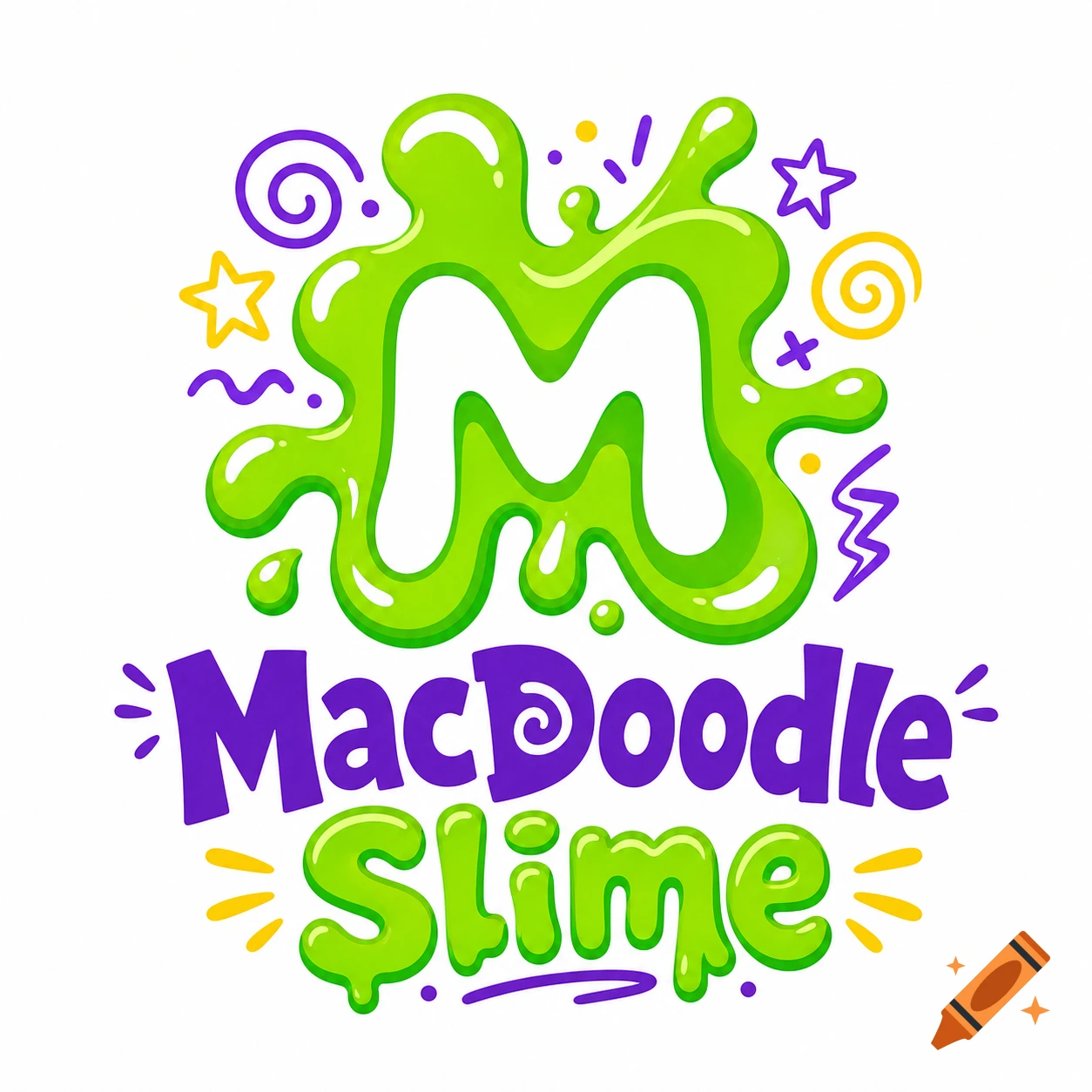 A vibrant, cartoon logo featuring a green slime 'M' with splashes and purple text saying 'MacDoodle Slime'.