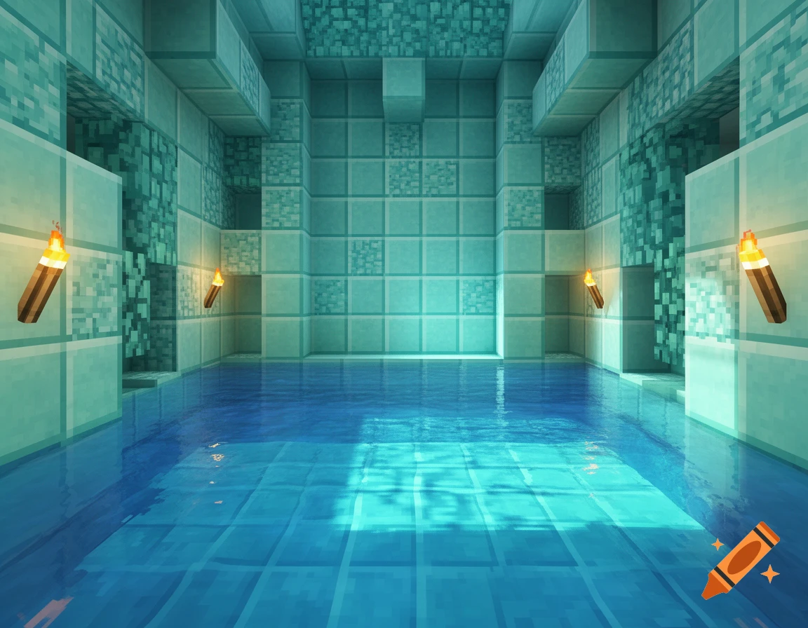A Minecraft-style poolroom with aqua block walls and ceiling, a pool of blue water, and torches on the walls.