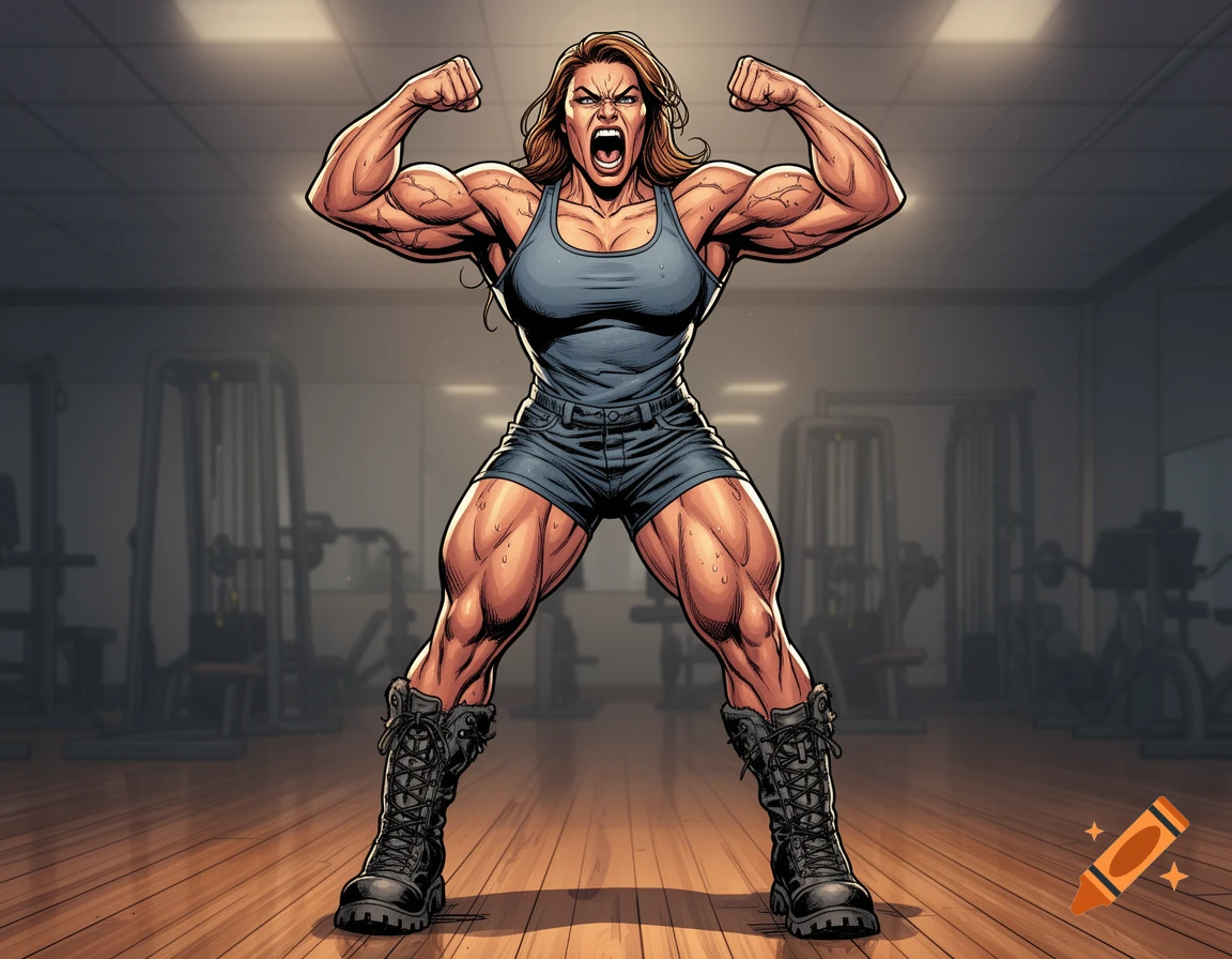A comic art style illustration of a very muscular woman in a gym, flexing and screaming.