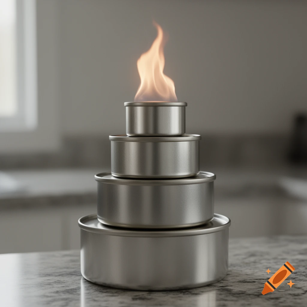 Four stacked silver metal containers, with a flame burning from the top, on a granite kitchen counter.