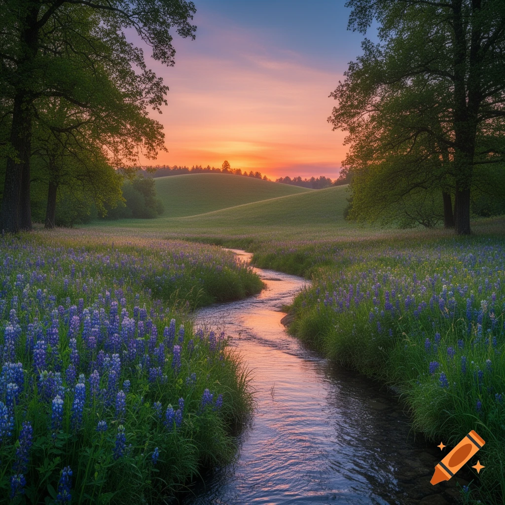 A winding stream flows through a field of purple wildflowers at sunset, flanked by trees and rolling hills.
