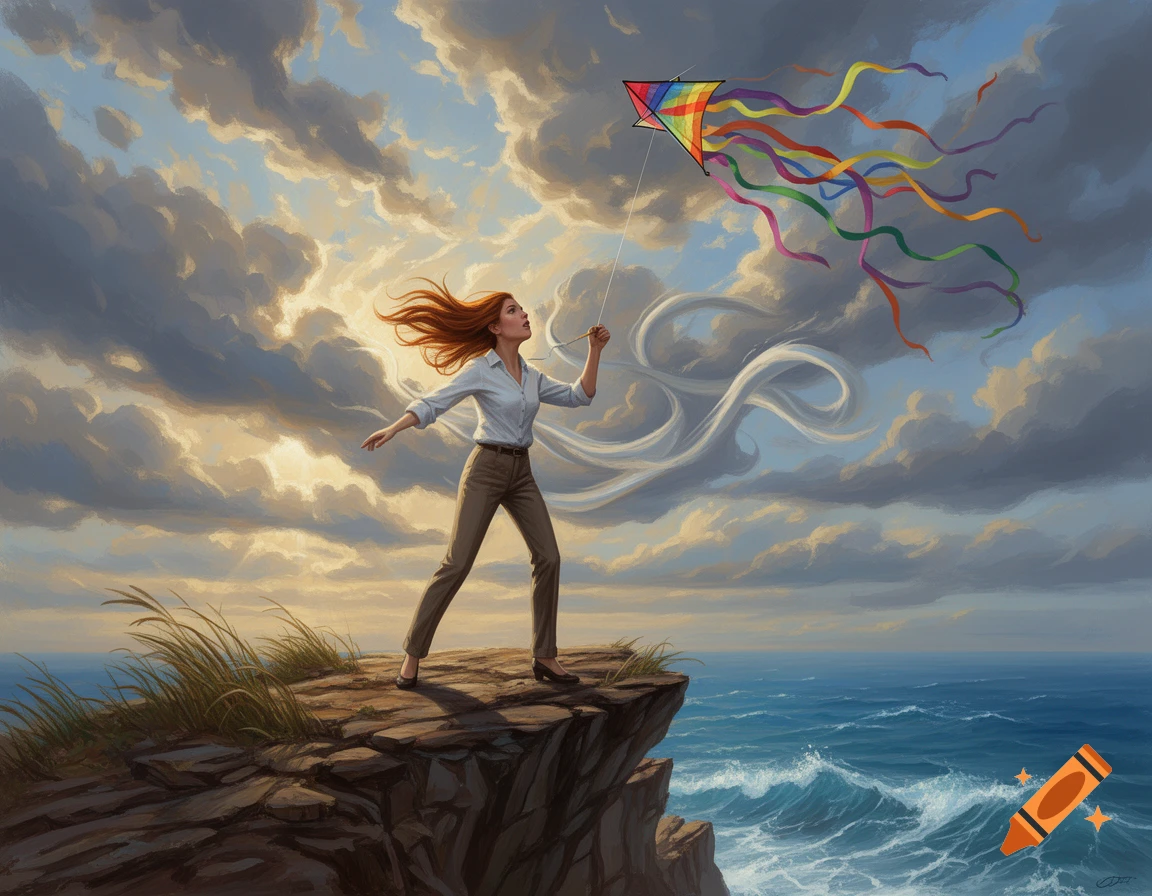 A woman with red hair on a cliff flying a colorful kite over a stormy ocean under dramatic, painterly clouds.