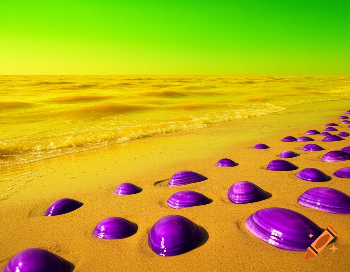 A vibrant beach scene with a bright yellow ocean, a neon green sky, and glossy purple shells scattered on the golden sand.