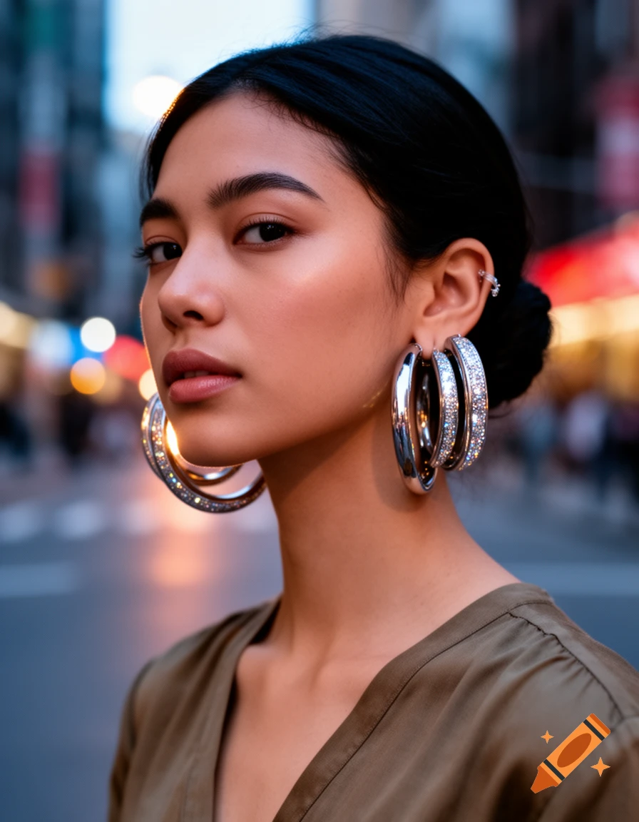 Photorealistic portrait of a young woman wearing large, sparkling silver hoop earrings in an urban setting at dusk.