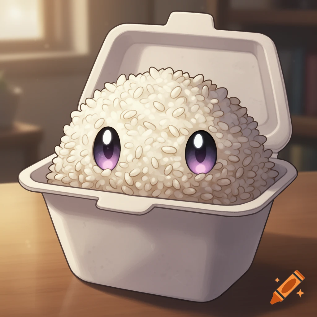 A cute anime-style rice monster with large purple eyes, peeking out of a white takeout container on a wooden table.
