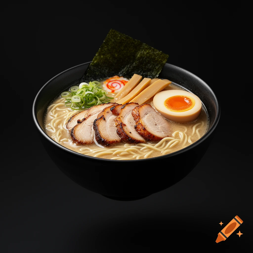 A close-up of a black bowl of Japanese ramen with pork chashu, soft-boiled egg, nori, bamboo shoots, and scallions on a black background.