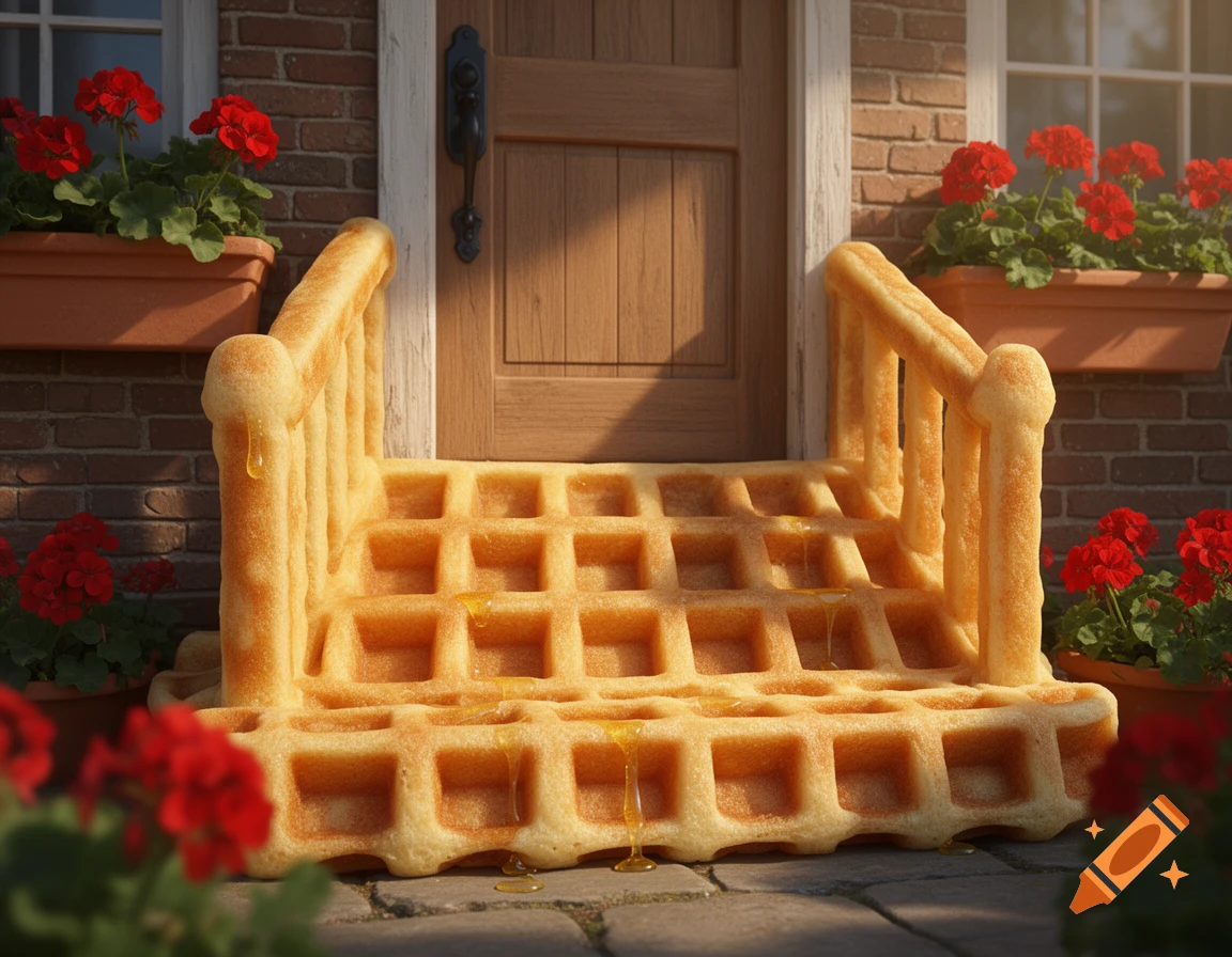A whimsical photorealistic image of a house's front stoop made entirely of golden waffles with syrup dripping, surrounded by red geraniums in flowerboxes.