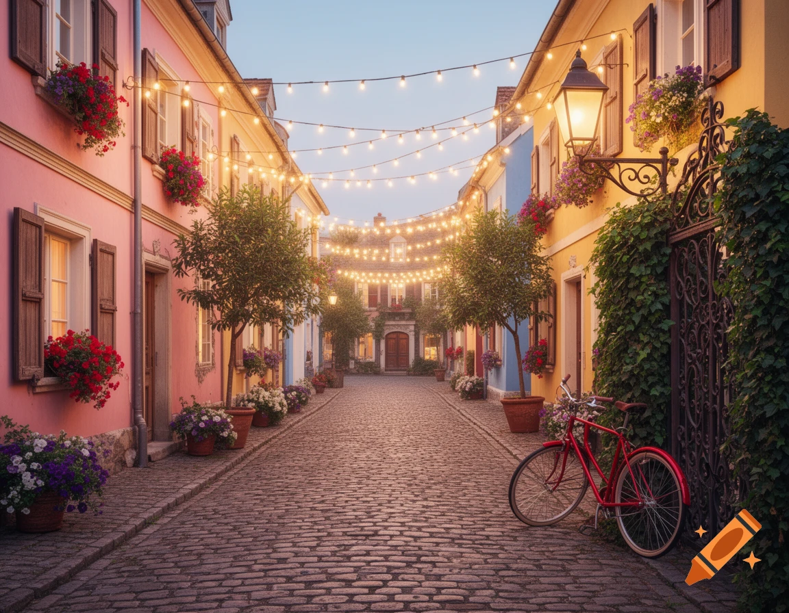 A charming, colorful cobblestone street at dusk, lined with buildings, glowing string lights, flowers, and a red bicycle.