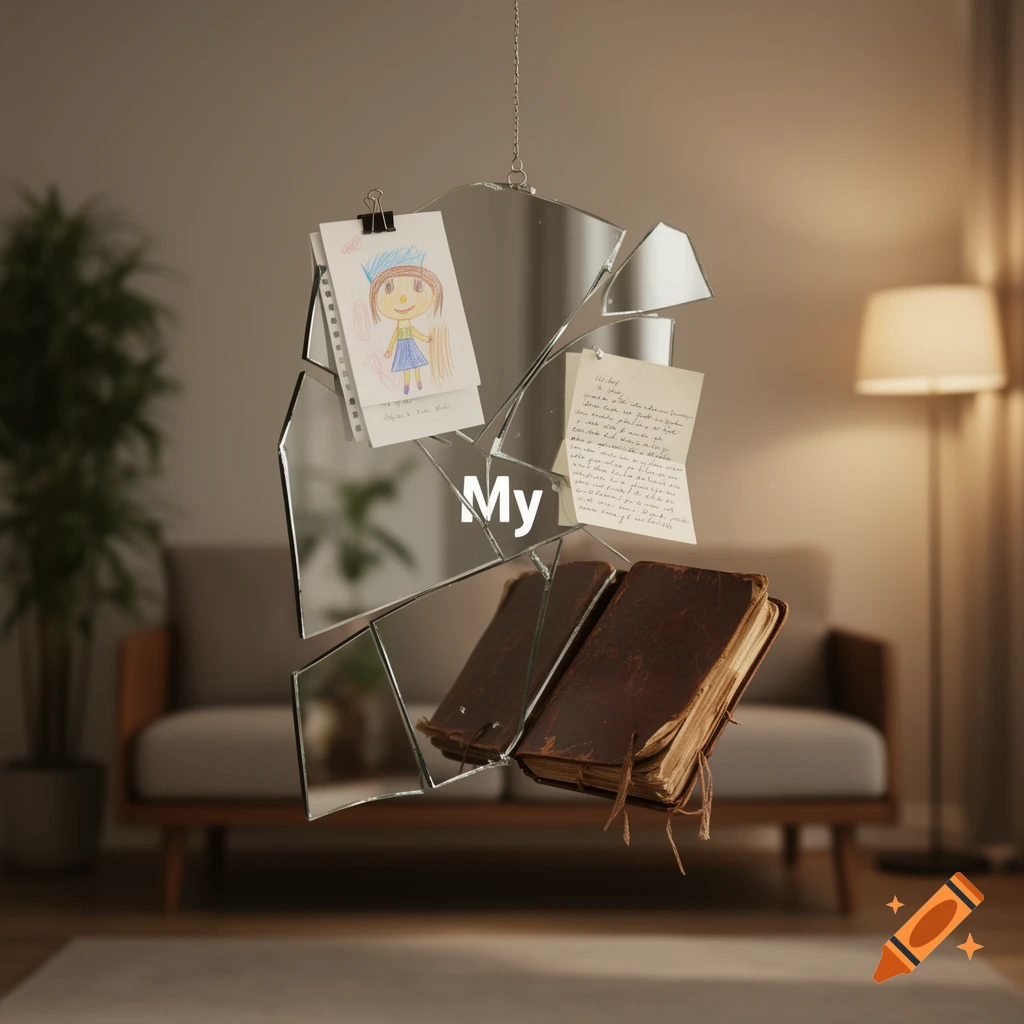 Shattered mirror fragments, a child's drawing, an old book, and the word "My" floating in a photorealistic living room.