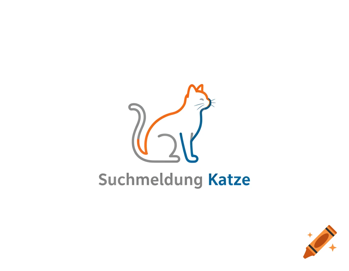 A minimalist line art logo of a cat with gray, orange, and blue outlines, above the text "Suchmeldung Katze".