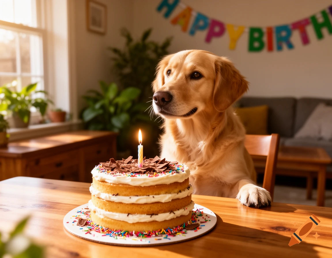A golden retriever sits at a table with a lit birthday cake, with a "Happy Birth" banner in the background of a sunlit room.