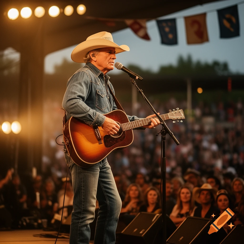 A man in a cowboy hat and denim plays an acoustic guitar and sings into a microphone on stage at an outdoor country music concert, with a crowd in the background.