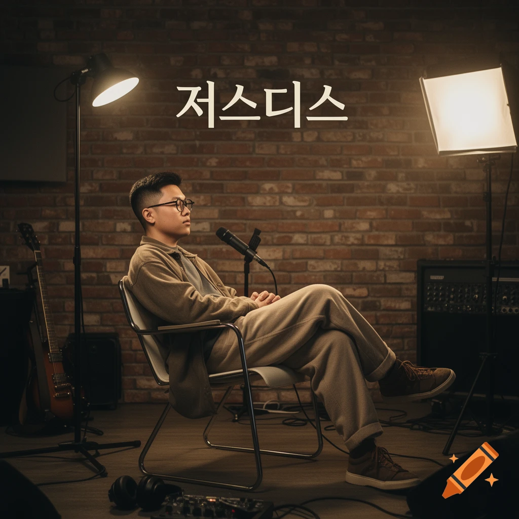 A man with glasses sits in a studio chair with a microphone, guitar, and light stands, against a brick wall with Korean text '저스디스'.