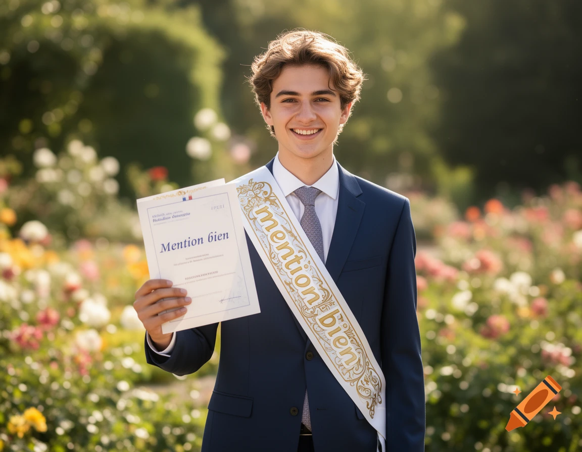 A smiling young man in a suit holds a diploma and wears a 'mention bien' sash in a sunny garden.